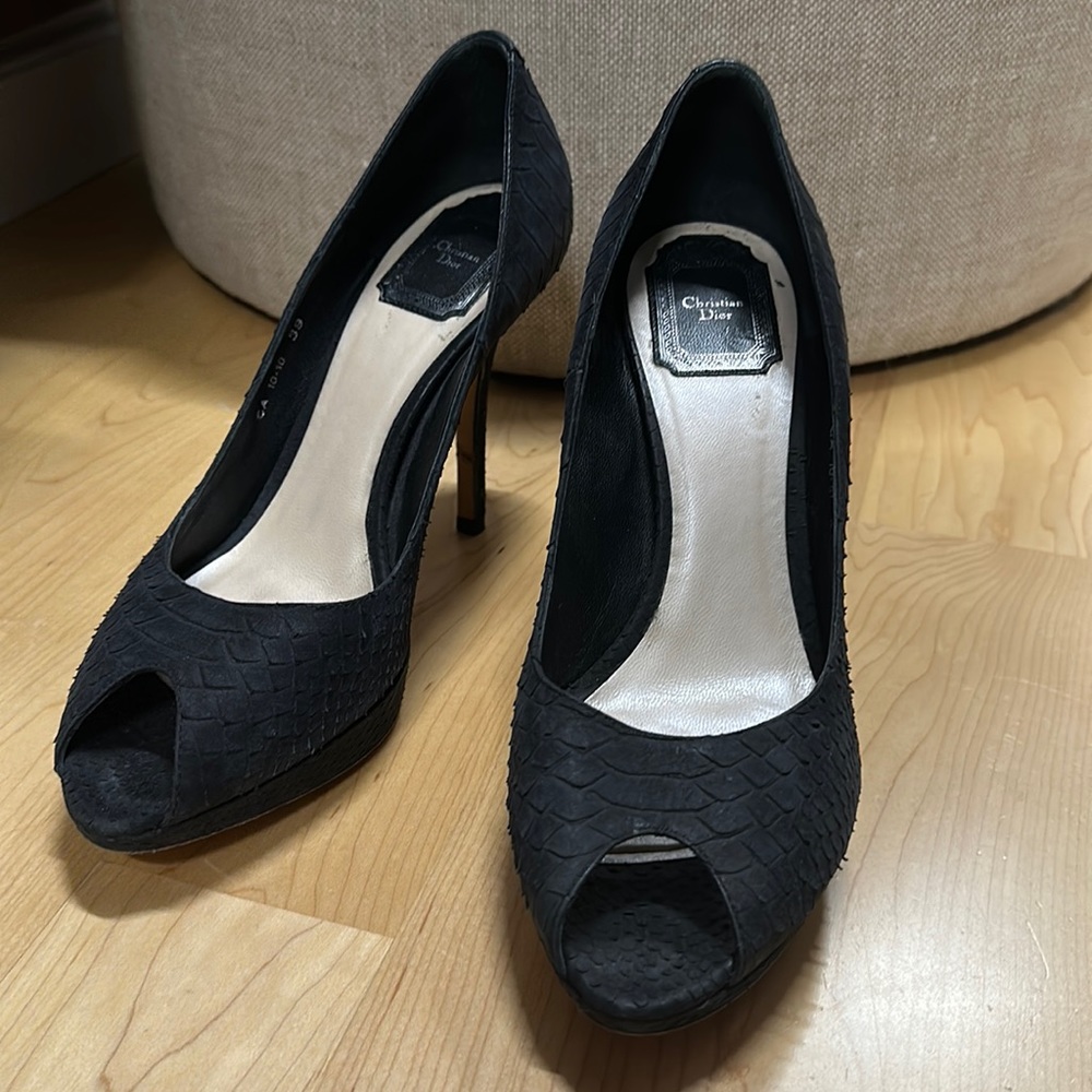 Christian Dior Navy Blue Lizard Print Peep Toe Stilettos